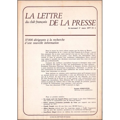 LA LETTRE DU CLUB FRANÇAIS DE LA PRESSE |Premier Numéro