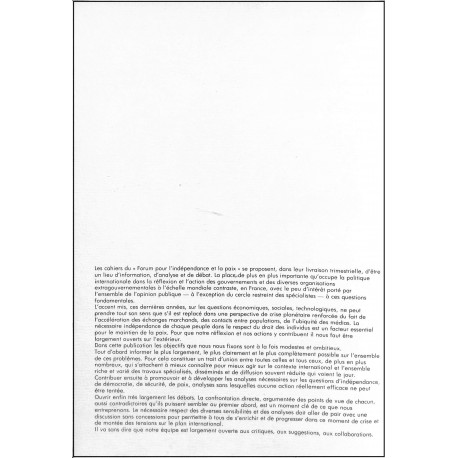 CAHIERS DU FORUM POUR L'INDEPENDANCE ET LA PAIX |Premier Numéro