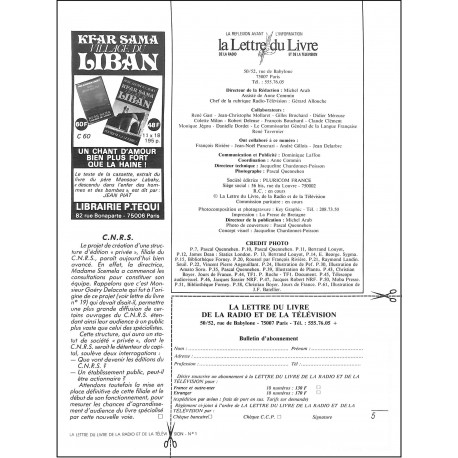 LA LETTRE DU LIVRE DE LA RADIO ET DE LA TÉLÉVISION |Premier Numéro