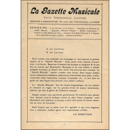 LA GAZETTE MUSICALE |Premier Numéro