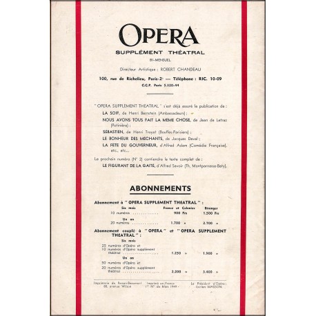 Opera Supplément Théâtral |Premier Numéro