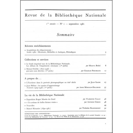 REVUE DE LA BIBLIOTHÈQUE NATIONALE |Premier Numéro